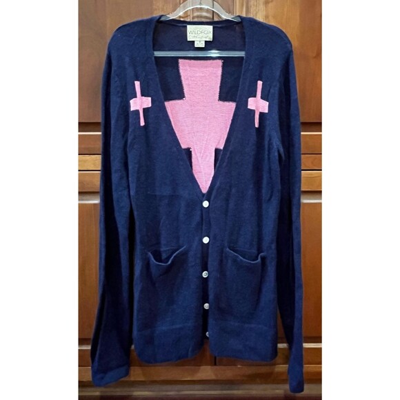 Wildfox Sweater White Label Cross Love Saves Cardigan Women's Size M Navy Pink - Picture 9 of 9